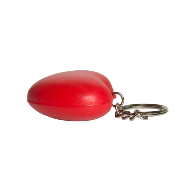 A red heart-shaped stress reliever attached to a keyring, made of soft material. A red heart-shaped stress reliever attached to a keyring, made of soft material.