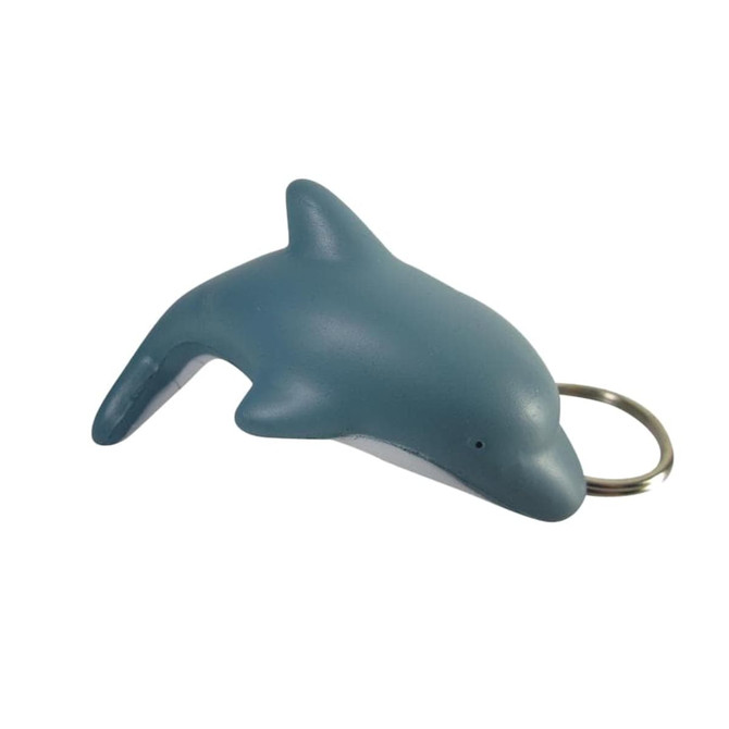 A blue dolphin-shaped stress reliever with a keyring attachment. The product features a smooth, soft texture. A blue dolphin-shaped stress reliever with a keyring attachment. The product features a smooth, soft texture.