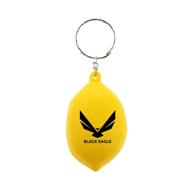 A yellow lemon-shaped stress reliever attached to a metal keyring, featuring a black logo. A yellow lemon-shaped stress reliever attached to a metal keyring, featuring a black logo.