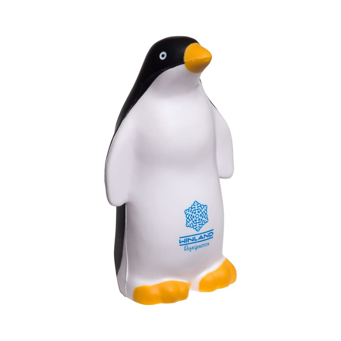 A penguin-shaped stress reliever in black and white with a yellow beak and feet, featuring a logo on the side.