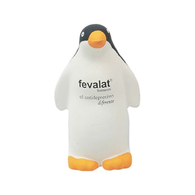 A penguin-shaped stress reliever in black and white with an orange beak and feet, featuring a logo.
