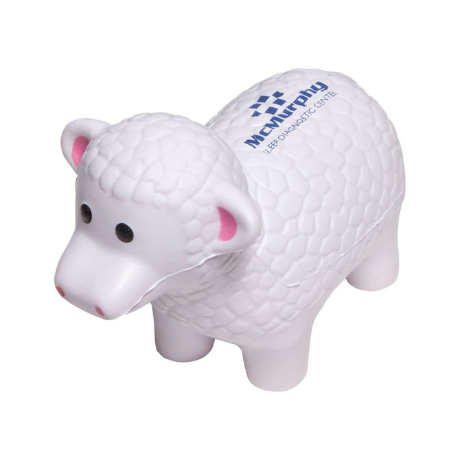 A white sheep-shaped stress reliever with pink ears and a textured body, featuring a logo on its back.