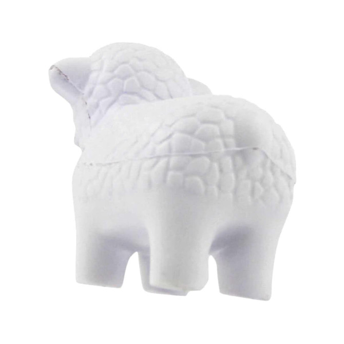 A white sheep-shaped stress reliever with textured detailing, designed for stress relief in a fun format.
