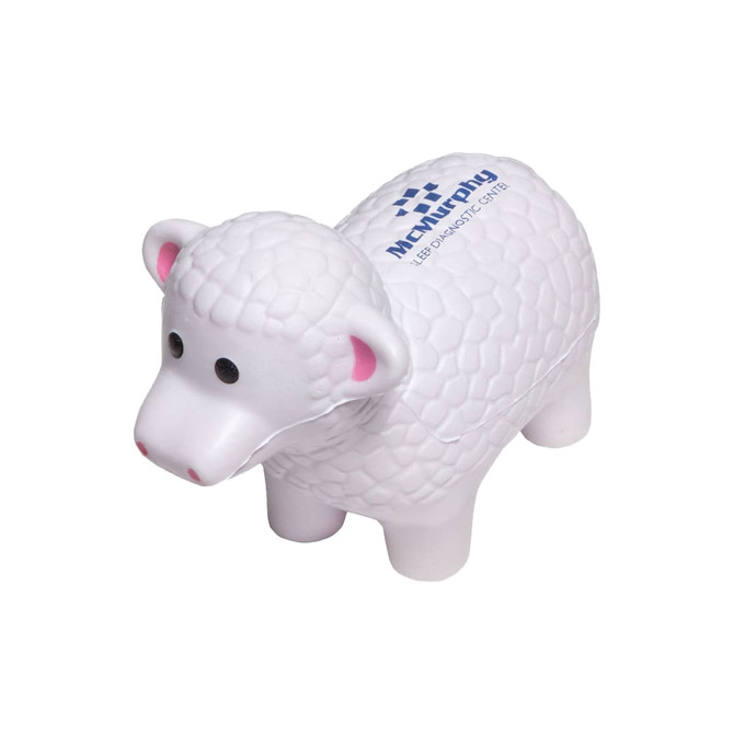 A white sheep-shaped stress reliever with a textured surface and a logo on its side.