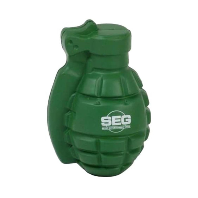 A green grenade-shaped stress reliever with a logo, designed for fun and stress relief.