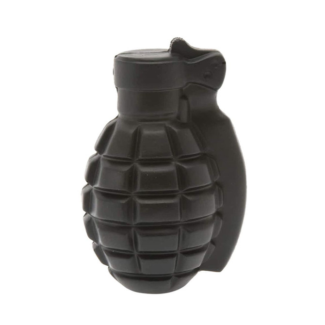 A black grenade-shaped stress reliever with textured surfaces and a pull pin design. Features a logo on the side.