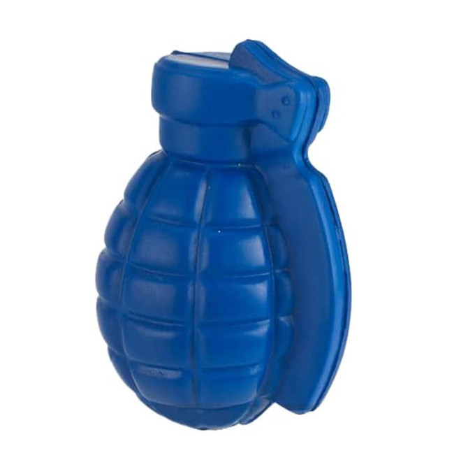 A blue grenade-shaped stress reliever with a textured surface and a pull pin design, featuring a logo.