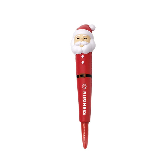A red pen featuring a Santa head stress reliever at the top, with a logo on the barrel.