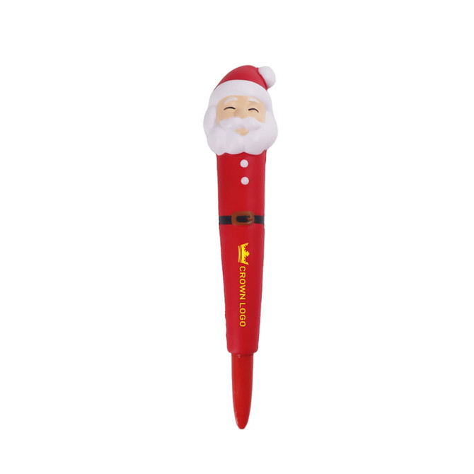A red pen featuring a Santa Claus head as a stress reliever, with a logo on the barrel.