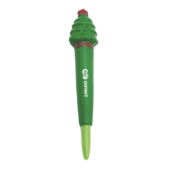 A green pen shaped like a Christmas tree with a brown base and a red star on top, featuring a logo.