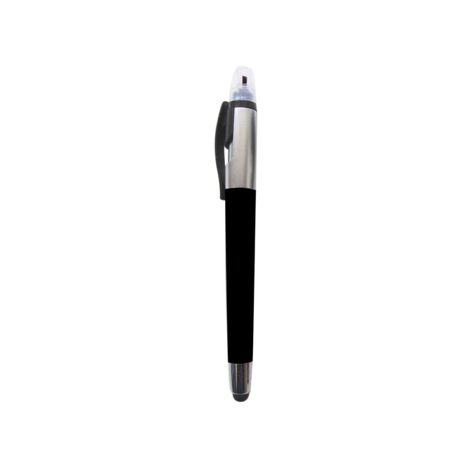 A ball pen with a silver and black design, featuring a highlighter at one end and a logo on the barrel.