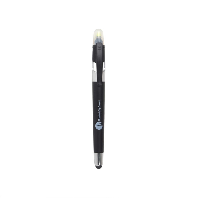 A black ball pen with a highlighter tip and a stylus, featuring a logo on the barrel.