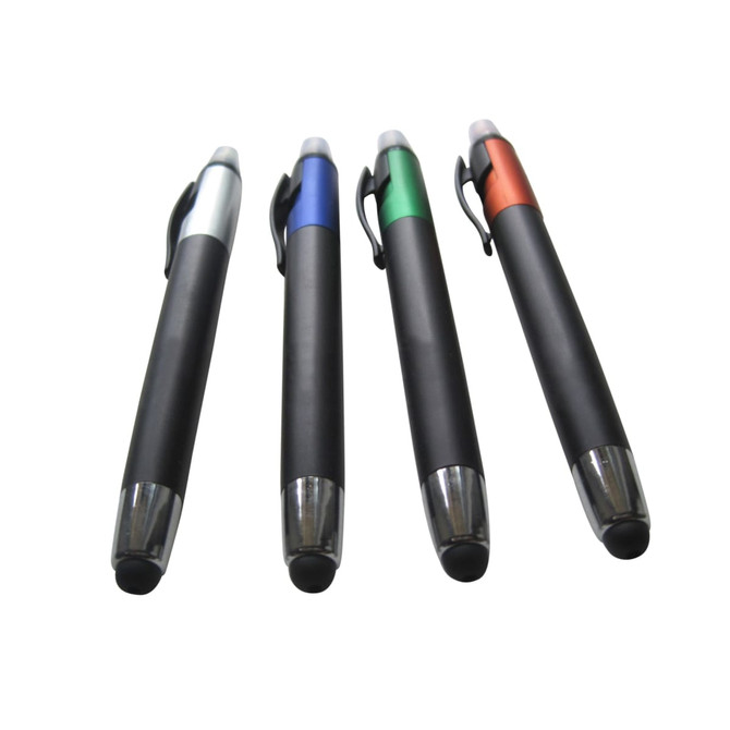 A set of four stylus pens with black grips, featuring silver, blue, green, and orange accents. Each pen has a logo.