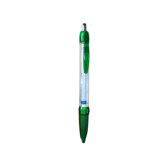 A plastic pen with a clear barrel and green accents, featuring a click mechanism and a logo.