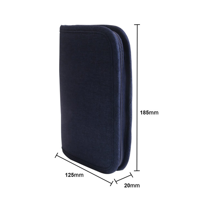 A navy passport holder with a zip closure, featuring dimensions of 185mm by 125mm by 20mm.