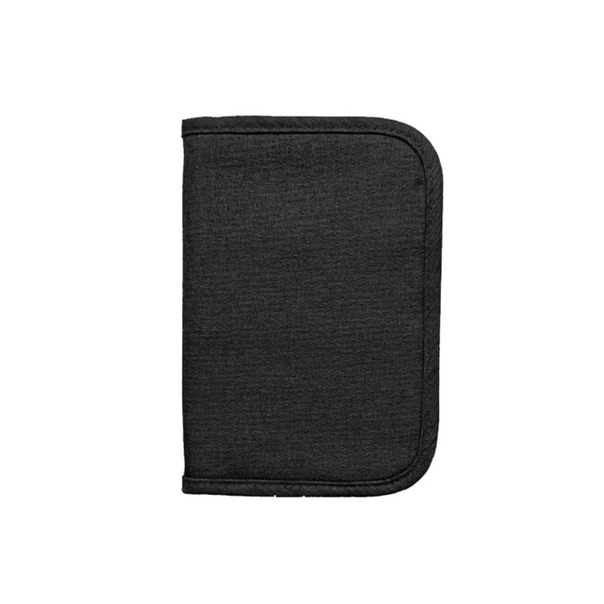 A black passport holder featuring a textured fabric finish and a logo.