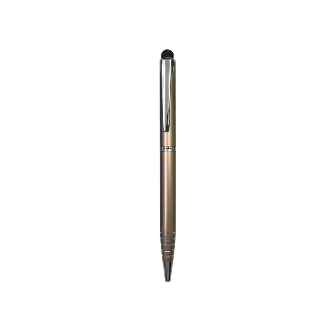 A bronze aluminium ball pen with a shiny silver clip and stylus tip, featuring a simple branding logo.