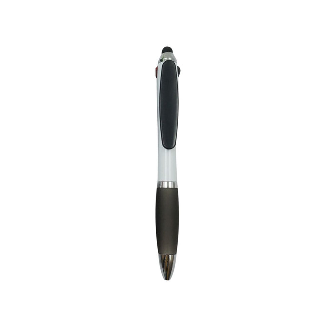 A three-colour ball pen featuring a sleek white barrel, black grip, and silver accents. It has a logo on the barrel. A three-colour ball pen featuring a sleek white barrel, black grip, and silver accents. It has a logo on the barrel.
