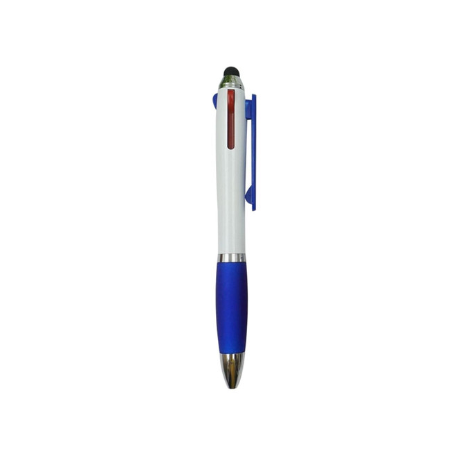 A three-colour ball pen with a white barrel, blue grip, and silver accents. Features a logo on the design. A three-colour ball pen with a white barrel, blue grip, and silver accents. Features a logo on the design.