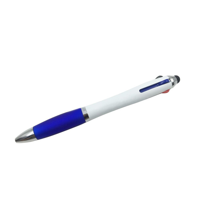 A three-colour ball pen in white and blue, featuring a soft grip and a chrome accent. It has a logo on the barrel. A three-colour ball pen in white and blue, featuring a soft grip and a chrome accent. It has a logo on the barrel.
