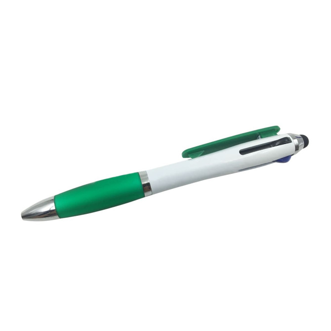 A three-colour ball pen with a green grip, white body, and chrome accents. It features a clip and branding. A three-colour ball pen with a green grip, white body, and chrome accents. It features a clip and branding.