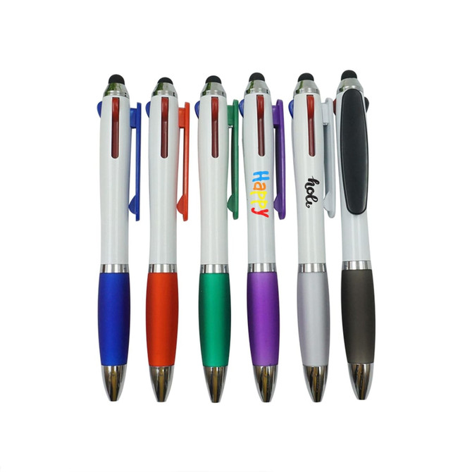 A collection of six ballpoint pens in various colours, each with a logo, featuring different coloured grips and accents. A collection of six ballpoint pens in various colours, each with a logo, featuring different coloured grips and accents.