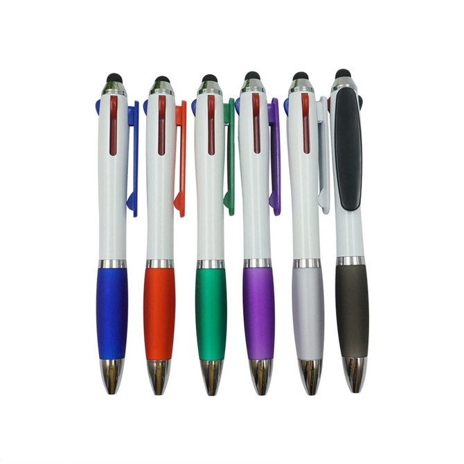 A set of six ballpoint pens in red, green, purple, orange, grey, and black, featuring a white barrel and branding. A set of six ballpoint pens in red, green, purple, orange, grey, and black, featuring a white barrel and branding.