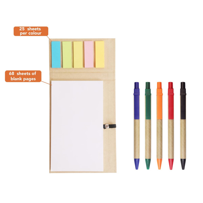 A memo pad with a ballpoint pen set, featuring green, blue, orange, red, and black pens. Includes sticky notes in pastel colours.