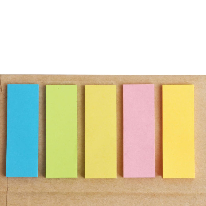 A set of five notepad strips in blue, green, yellow, pink, and orange on a brown background.