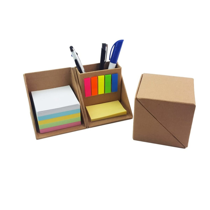 A Cube Memo Set featuring colourful sticky notes, highlighters, and pens in a card holder, with a kraft paper exterior.