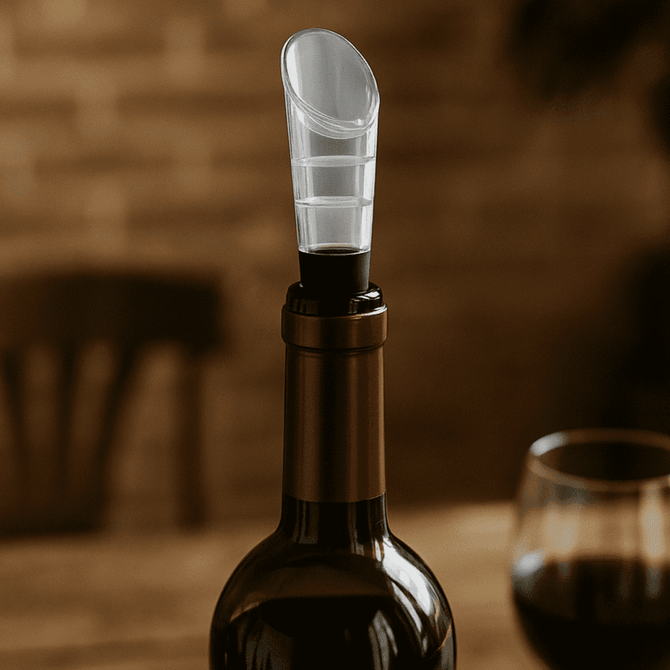 A wine bottle with a clear aerator attached, resting on a wooden surface, with a glass of red wine nearby.