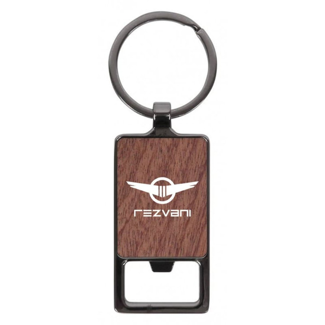 A rectangle keychain featuring a wooden texture and a circular metal ring, with a logo displayed on the front.