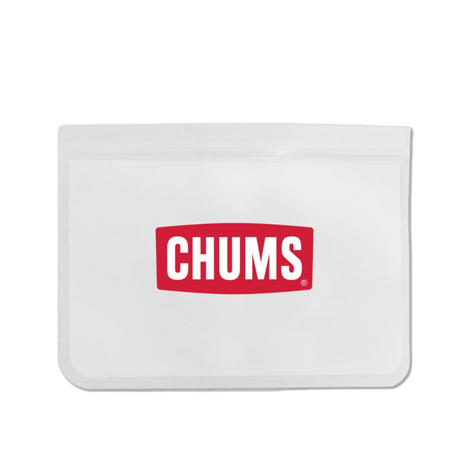 A white PEVA reusable food storage bag with a red logo on the front, featuring a zip closure.