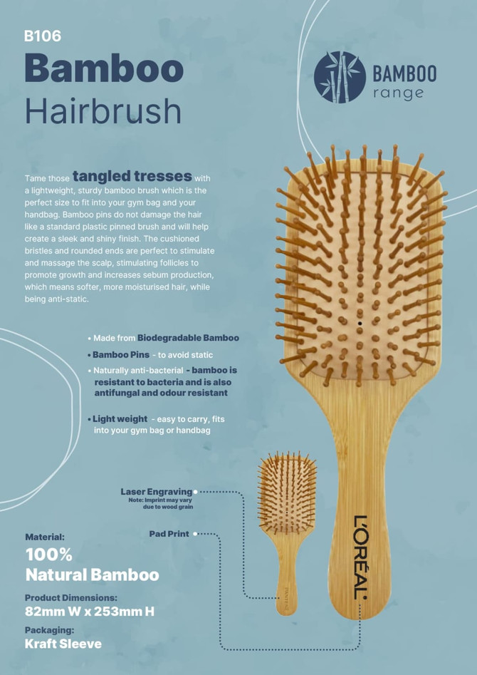 A bamboo hairbrush featuring a lightweight design, natural colour, and bristles for gentle styling. Includes a logo.