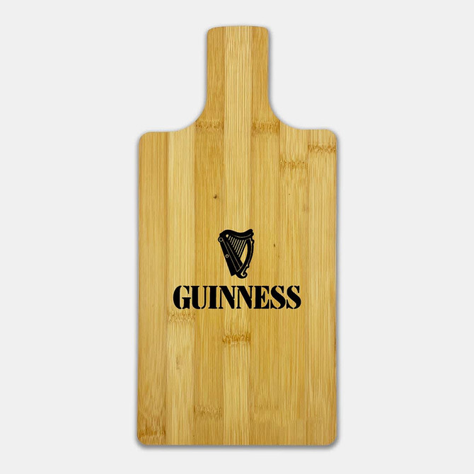 A bamboo paddle board in a natural finish featuring a black logo design.