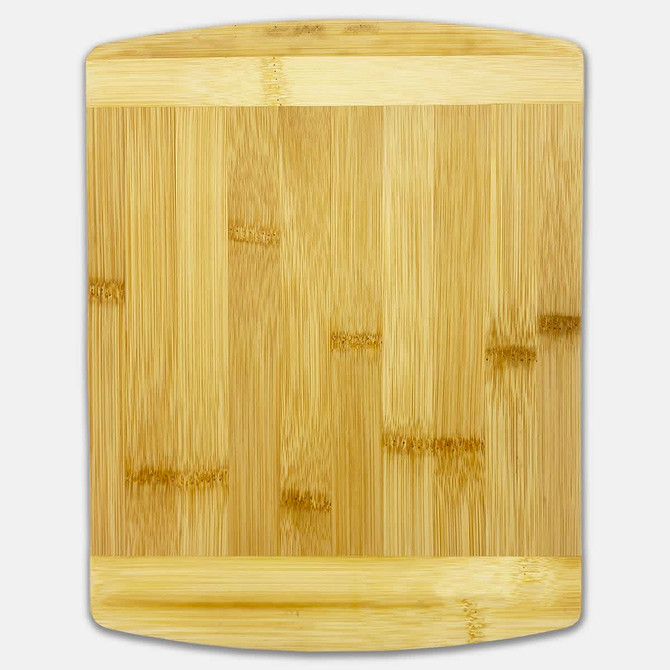 A bamboo cutting board with a smooth surface and rounded edges, featuring a natural wood colour.