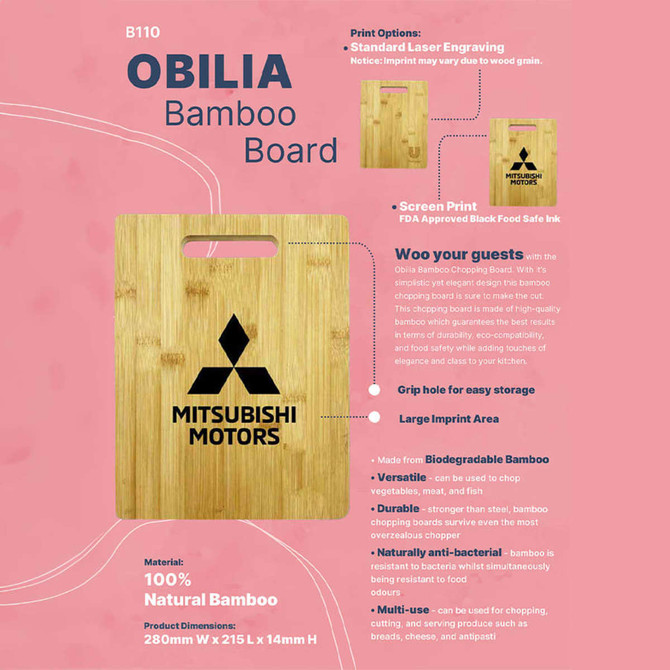 A bamboo chopping board featuring a handle, natural colour, and a logo. Includes information on material and dimensions.