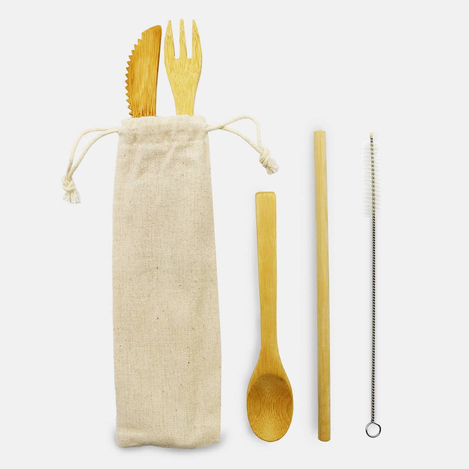 A bamboo cutlery set featuring a knife, fork, spoon, straw, and cleaning brush, packaged in a natural cloth bag. A bamboo cutlery set featuring a knife, fork, spoon, straw, and cleaning brush, packaged in a natural cloth bag.