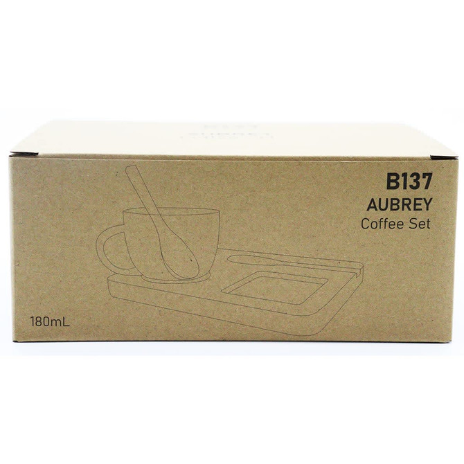 A coffee/tea set featuring a cup, spoon, and tray, packaged in a simple brown box.