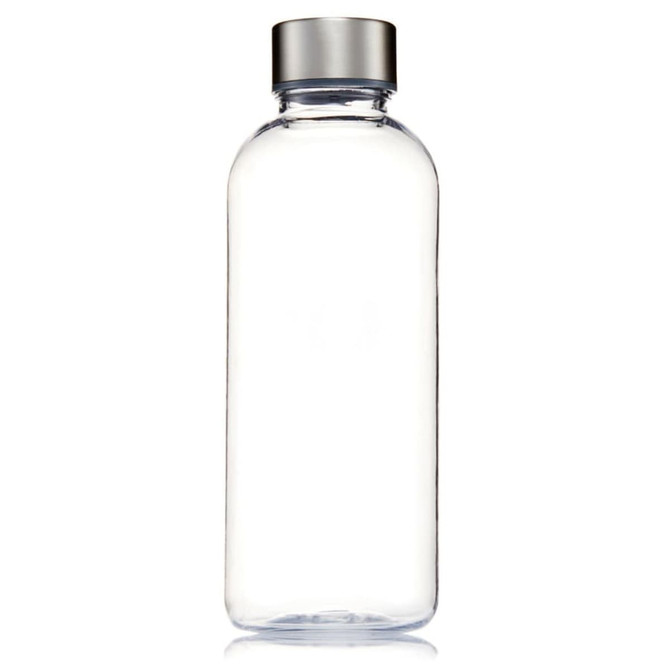 A drink bottle made from clear Tritan, featuring a silver metallic cap and a logo.