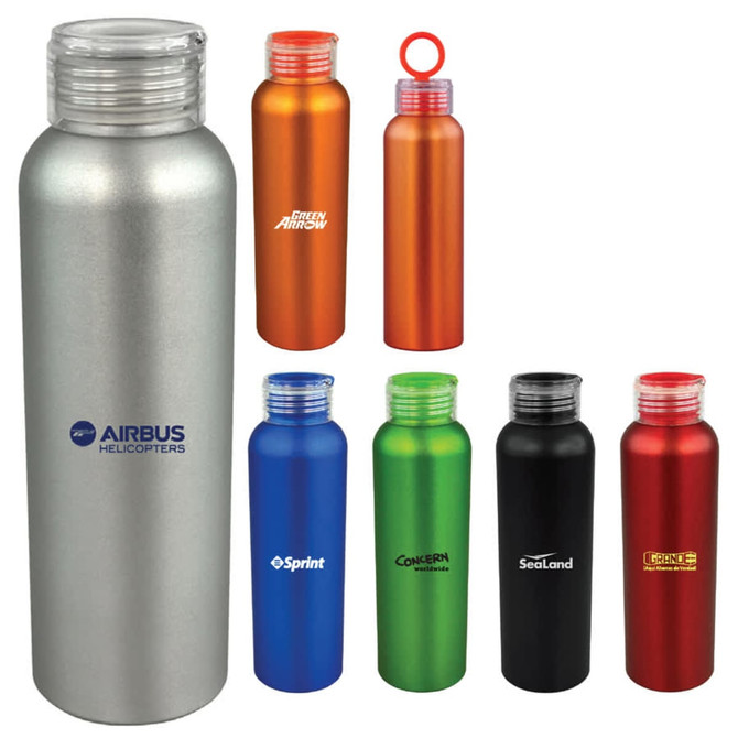 A drink bottle collection featuring aluminium bottles in silver, orange, green, red, and black, each with a screw-on cap and logo.