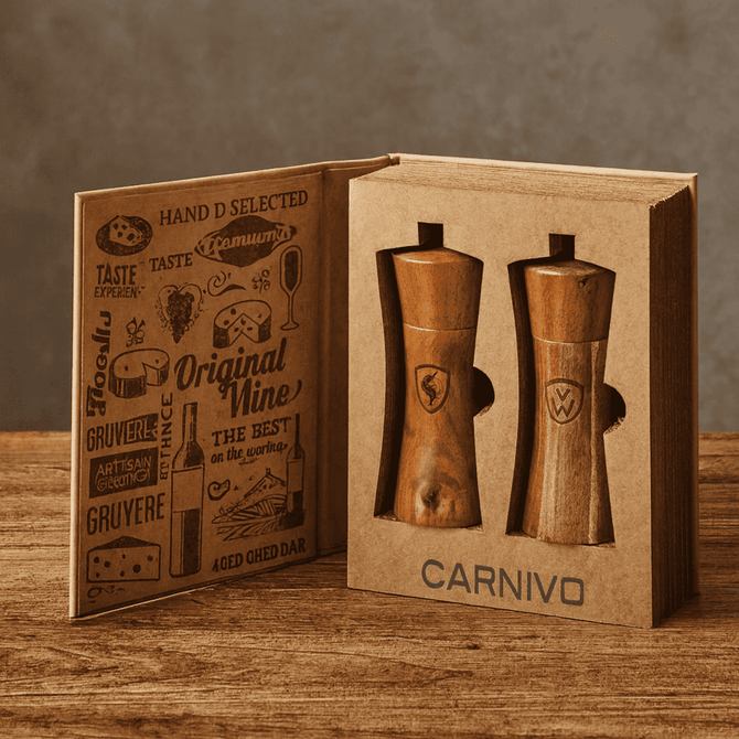 A wooden salt and pepper set in a gift box, featuring a rustic design and a branded logo.