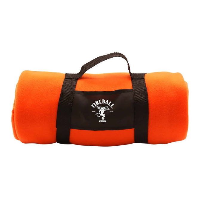 An orange blanket rolled up with a black strap and a logo.