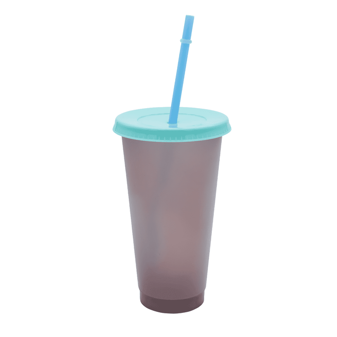 A drink bottle with a frosted purple body and a light blue lid, featuring a matching straw. It has a logo.