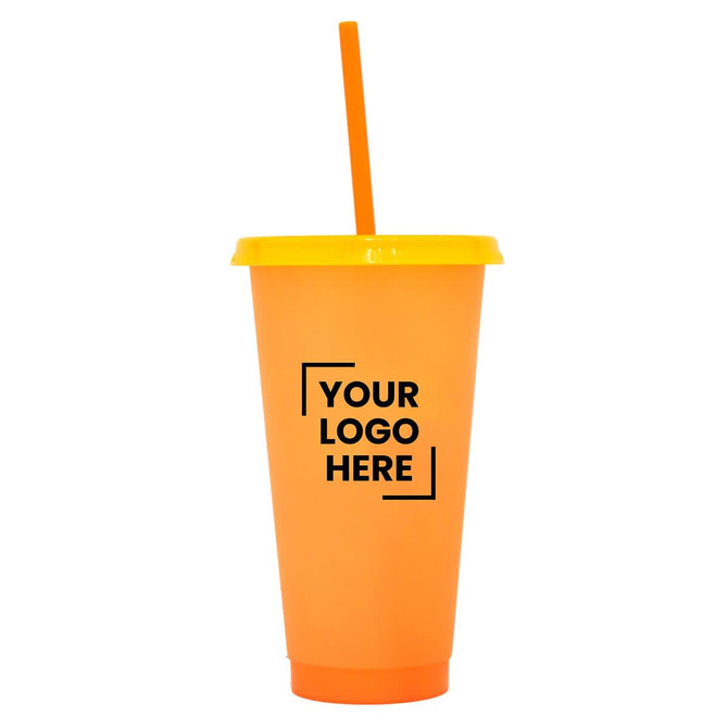 An orange plastic cup with a yellow lid and straw, featuring a logo.