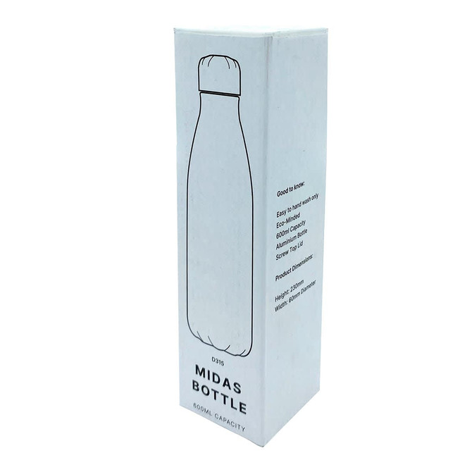 A drink bottle in a white box featuring a simple design, labelled as "Midas Bottle" with a capacity of 600ml.