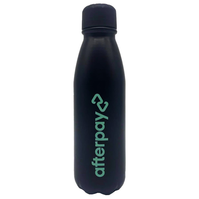 A drink bottle in matte black with a light green logo, featuring a screw-top lid.