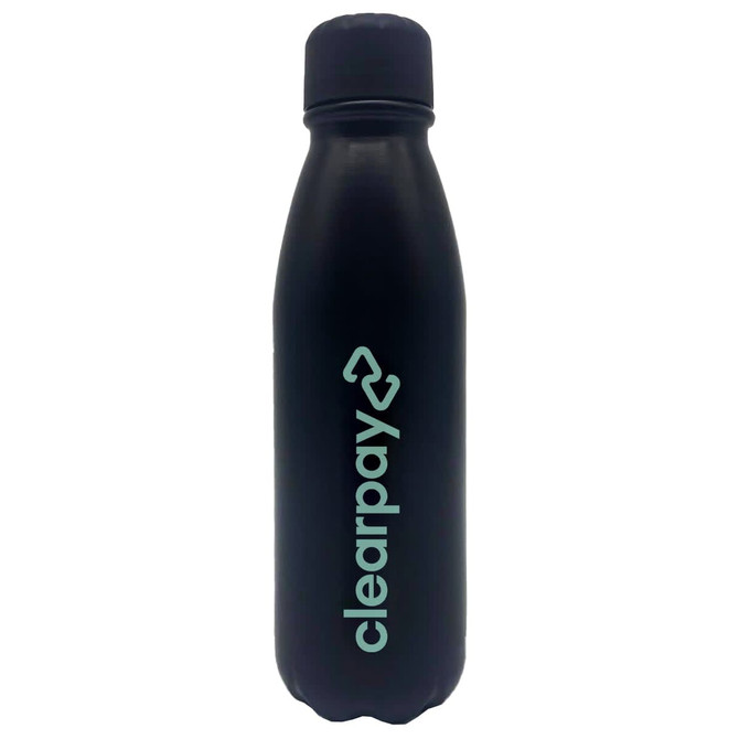 A drink bottle in black with a silver logo, featuring a sleek, curved design and a secure cap.