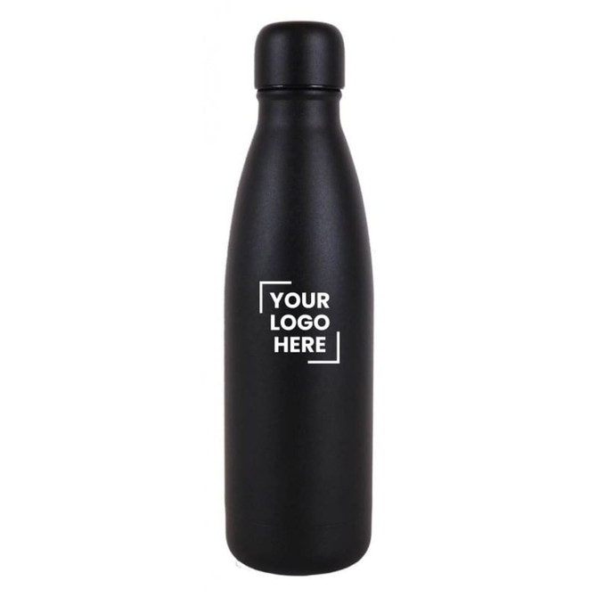 A drink bottle in sleek black with a classic design and an area for a logo.