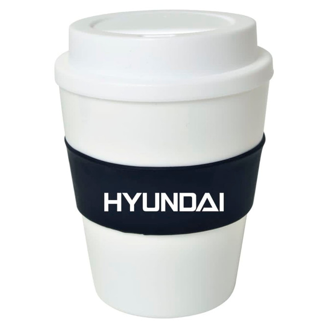 A large white cup with a black silicone band, featuring a logo. Ideal for drinks on the go.